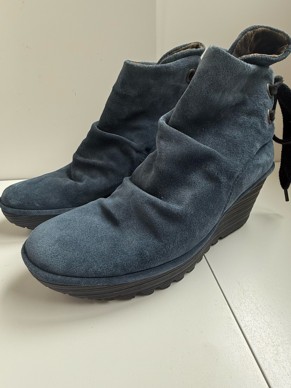Fly London Yama Women's Blue Suede Back Tie Wedge Booties-SIZE 39 (8-8.5M)